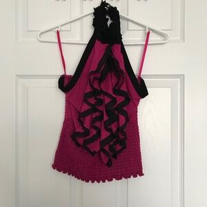 Y2K SEDUCTIONS Black Halterneck Frill Top M Sleeveless Open Back